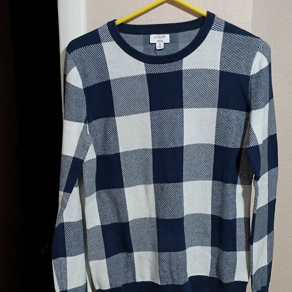 J Crew Teddie Sweater Women Size Medium Blue/White Checkered - Picture 1 of 12